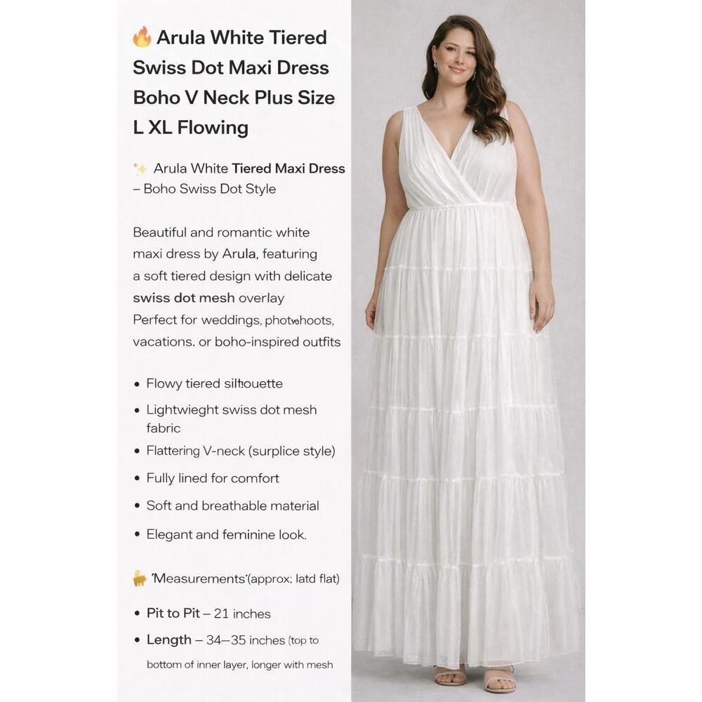 Arula White Tiered Swiss Dot Maxi Dress Boho V Neck Plus Size L XL No Slit Flowi